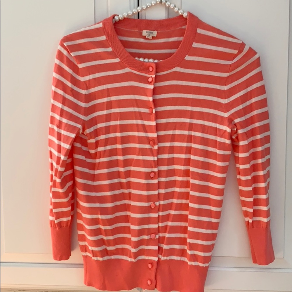 J. Crew white and coral striped Clare cardigan Xs